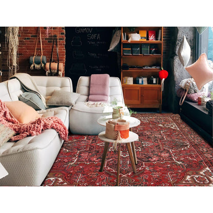 8'6'X11'4" Cherry Red Vintage Zoroastrian Heris Pure Wool Hand Knotted Rug