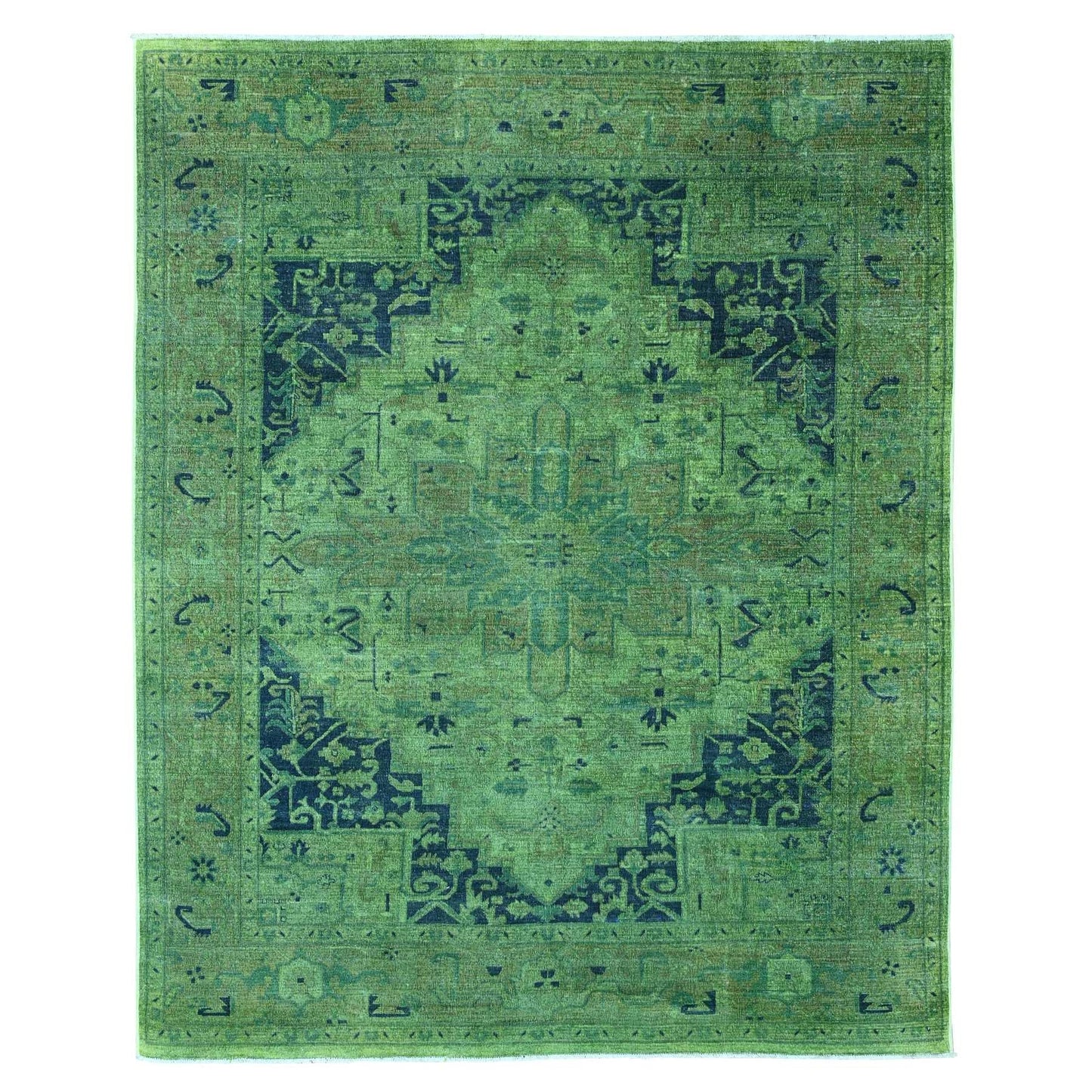 7'9"X9'8" Hunter Green Overdyed Heris Design Hand Knotted 100% Wool Rug