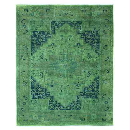 7'9"X9'8" Hunter Green Overdyed Heris Design Hand Knotted 100% Wool Rug