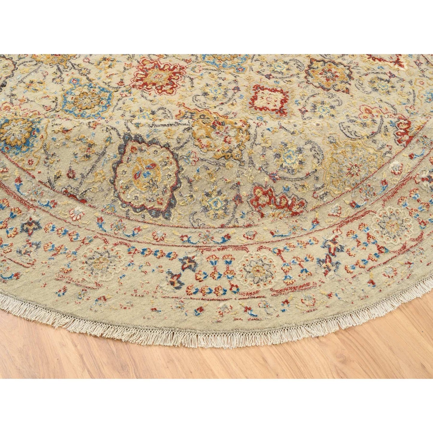 8'9"X8'9" Beige Wool And Pure Silk Hand Knotted Oriental Round Rug
