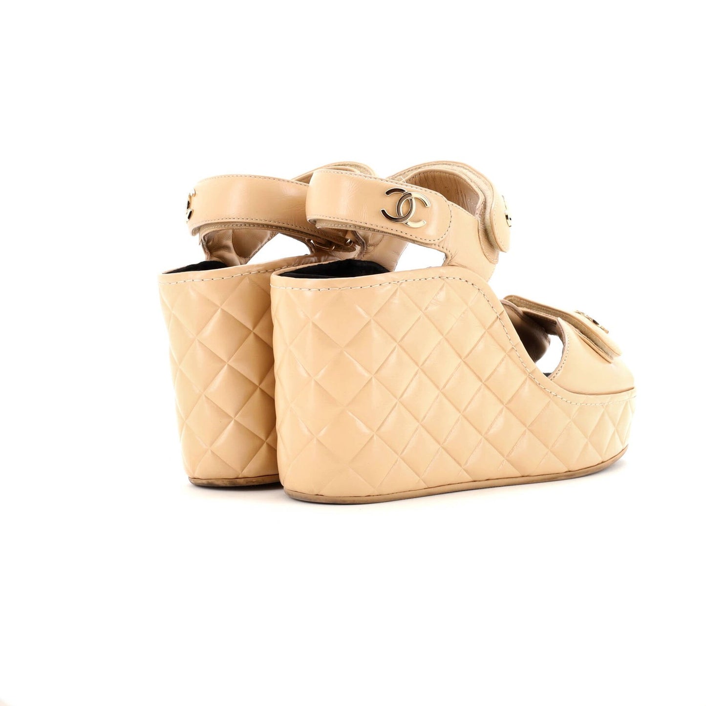 Chanel Women'S Logo Strap Wedge Sandals Quilted Leather