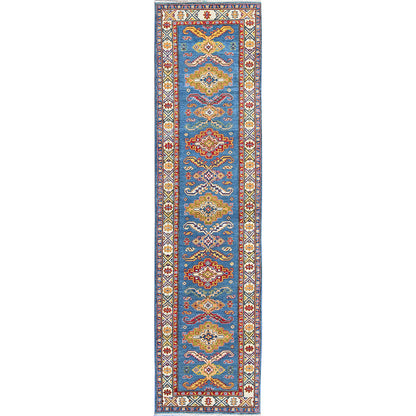 2'9"X11'2" Blue Kazak Hand Knotted Soft Wool Runner Oriental Rug