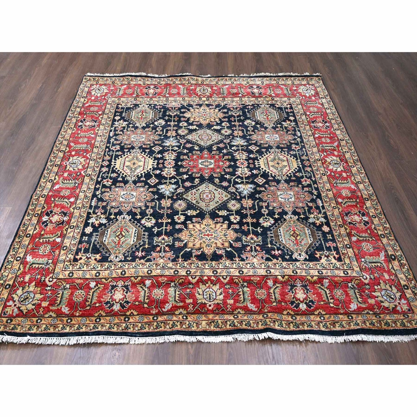 8'X8' Black Wool Karajeh Design Hand Knotted Square Oriental Rug