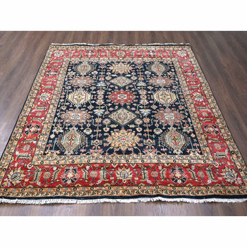 8'X8' Black Wool Karajeh Design Hand Knotted Square Oriental Rug