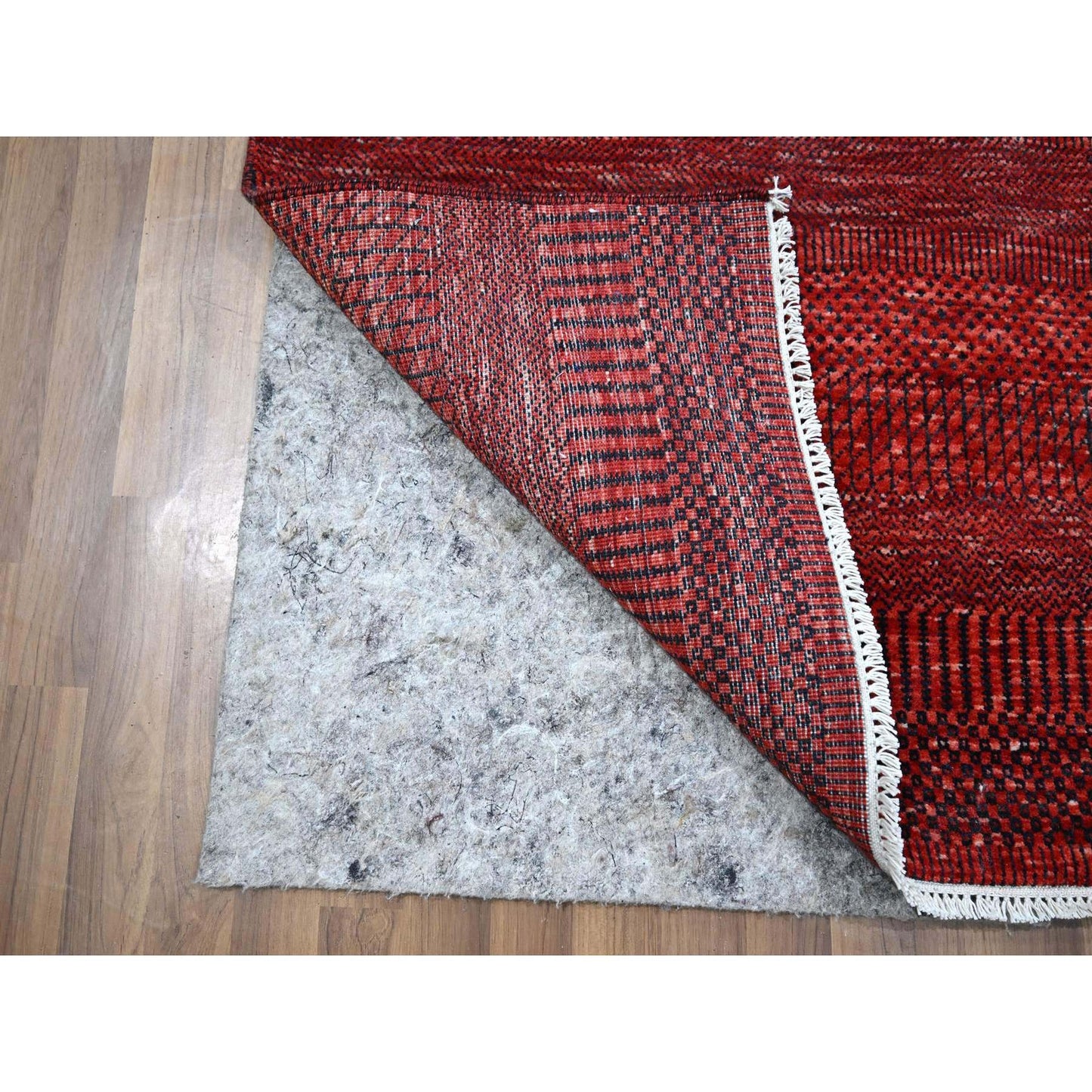 2'6"X11'10" Red Modern Grass Design Hand Knotted Wool And Silk Runner Rug