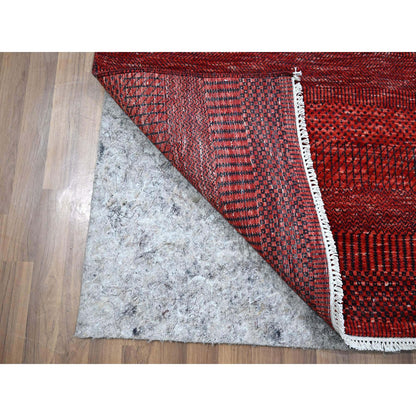 2'6"X11'10" Red Modern Grass Design Hand Knotted Wool And Silk Runner Rug