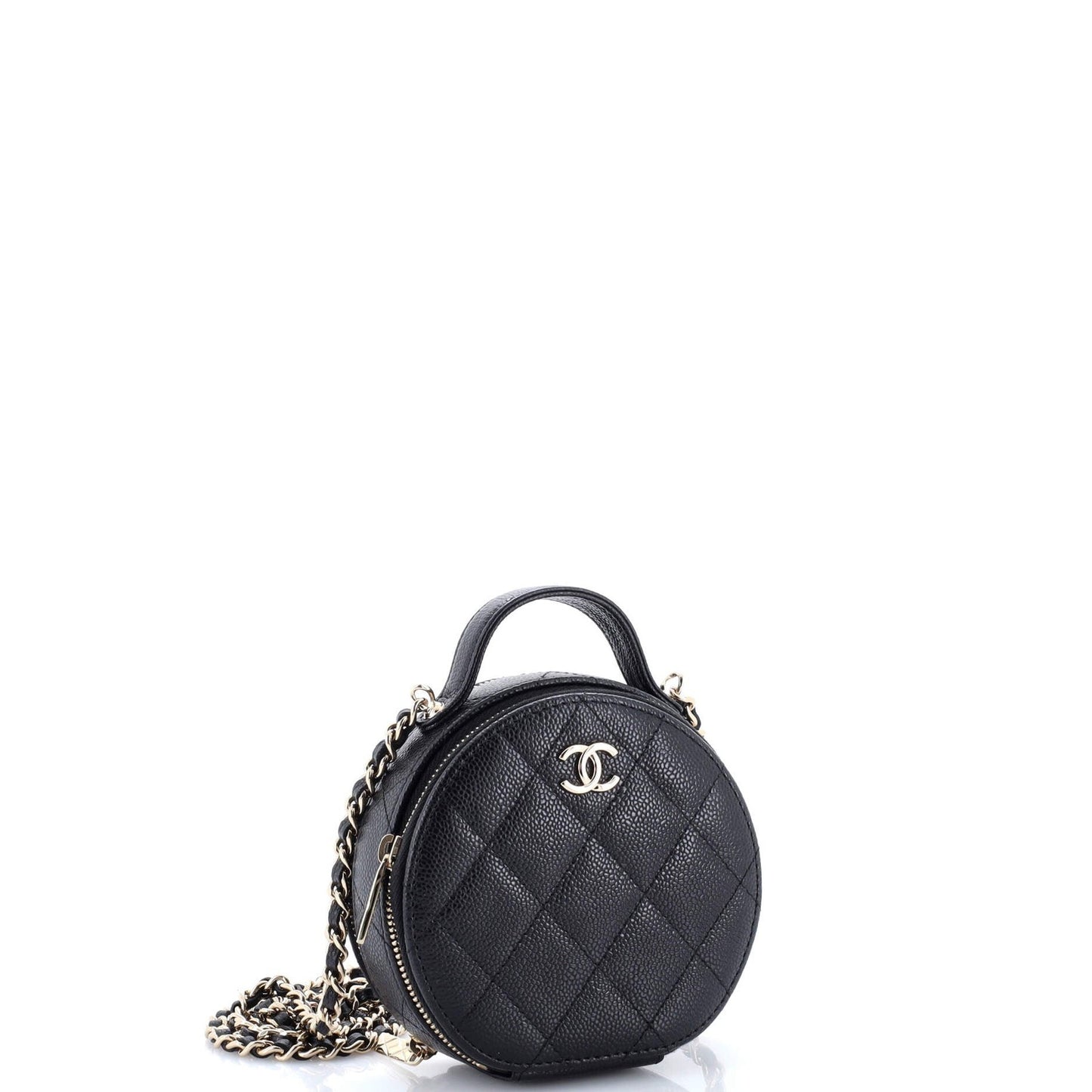 Chanel Handle With Care Round Vanity Case With Chain Quilted Caviar Small