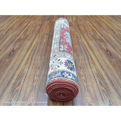 3'X11' Red Hand Knotted Wool Super Kazak Geometric Medallion Runner Rug