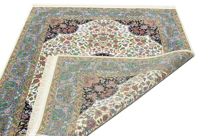 Handmade Kirman Oriental Rug Cream & Blue Floral