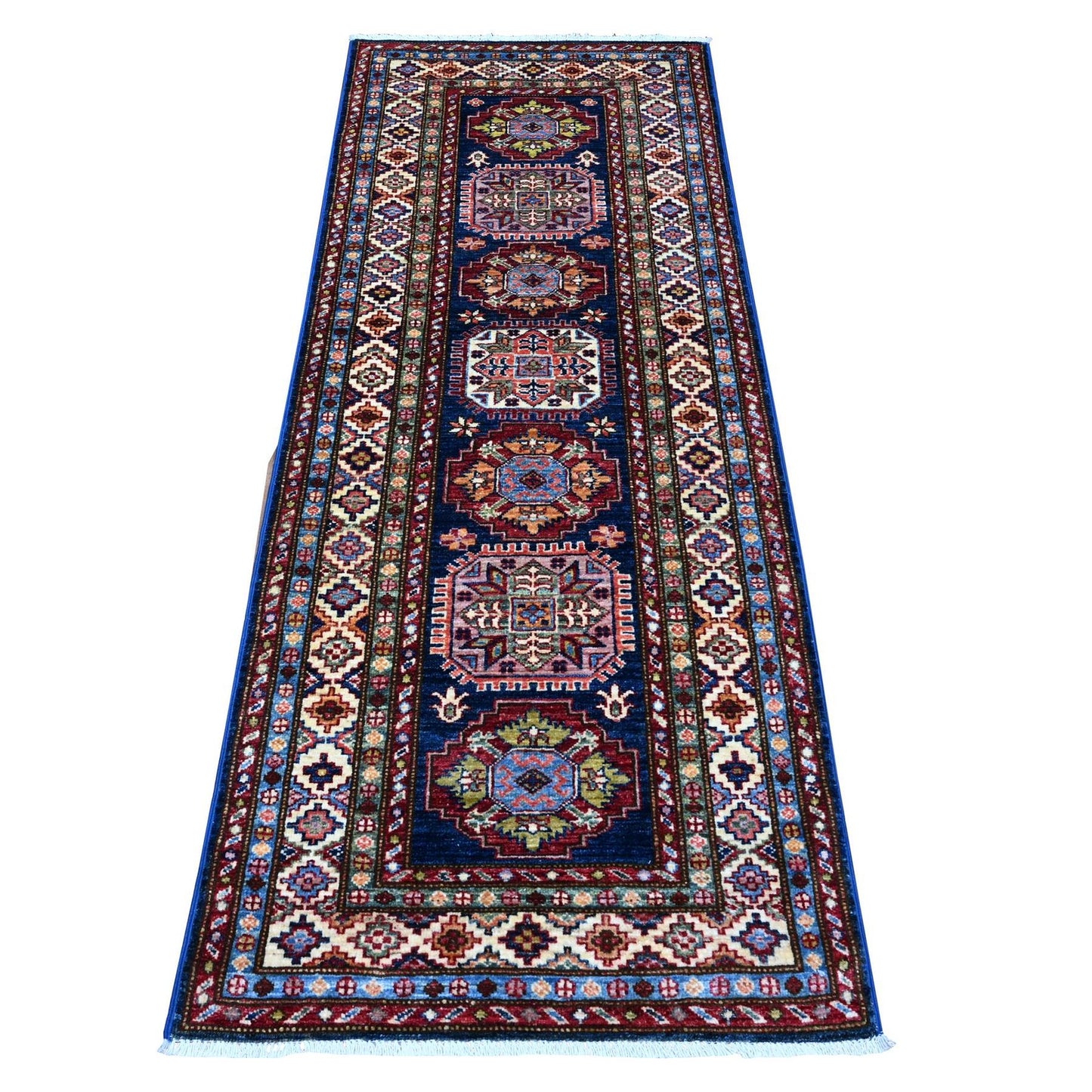 2'6"X6'4" Delft Blue Hand Knotted Super Kazak Short Runner Oriental Rug