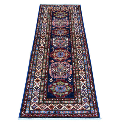 2'6"X6'4" Delft Blue Hand Knotted Super Kazak Short Runner Oriental Rug