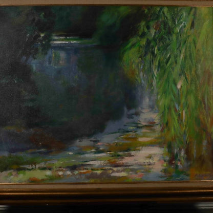 Oil painting large signed framed M Bouchery Impressionist styl reflections pond