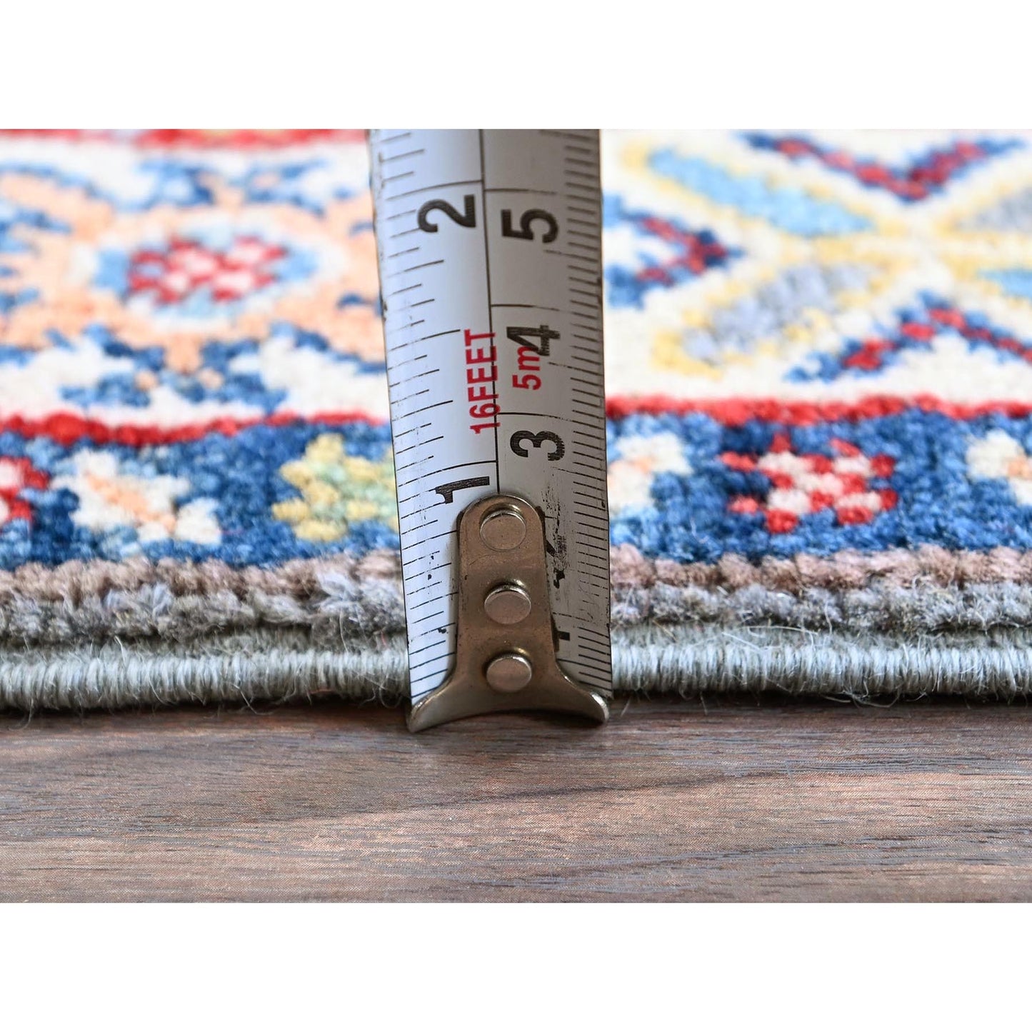 2'X6'6" Gray Kazak With Tribal Design Soft Wool Hand Knotted Runner Rug