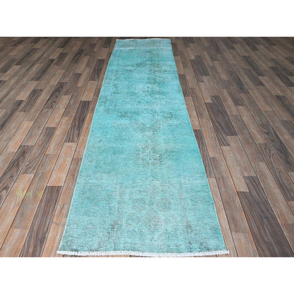 2'5"X10' Blue Overdyed Vintage Zoroastrian Hand Knotted All Wool Runner Rug