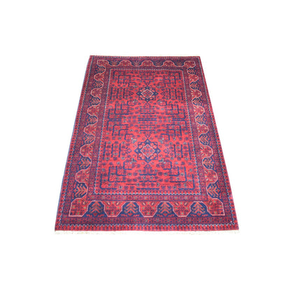 3'5"X4'10" Deep Red Afghan Khamyab Shiny Wool Hand Knotted Rug