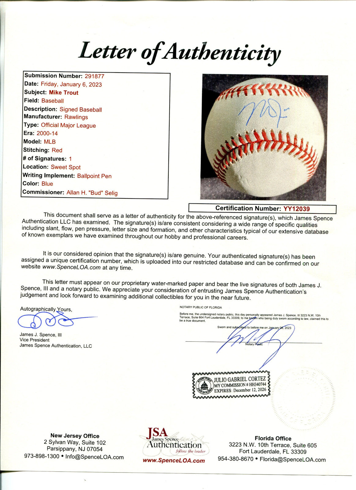 Mike Trout Autographed Major League Baseball (Jsa)
