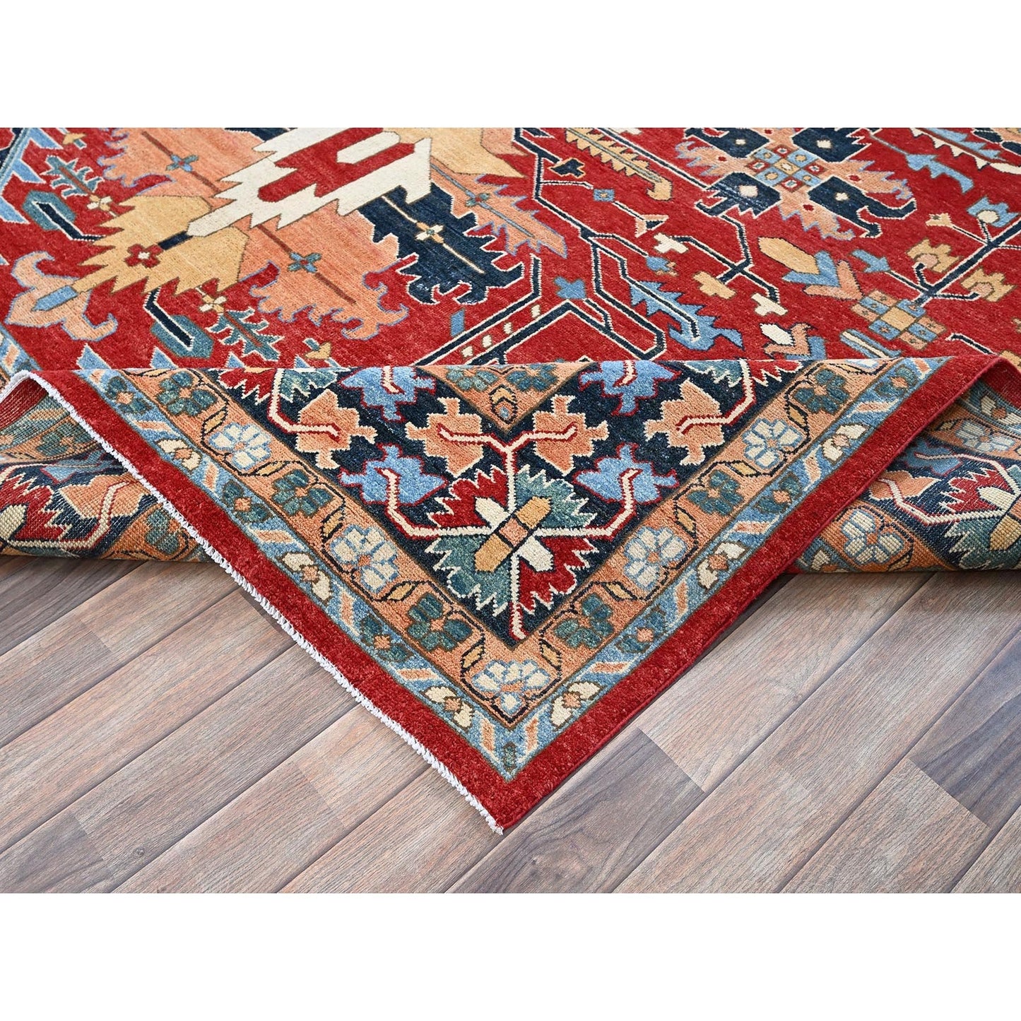 8'10"X12' Red Peshawar With Seeripe Heris Design Hand Knotted Soft Wool Rug