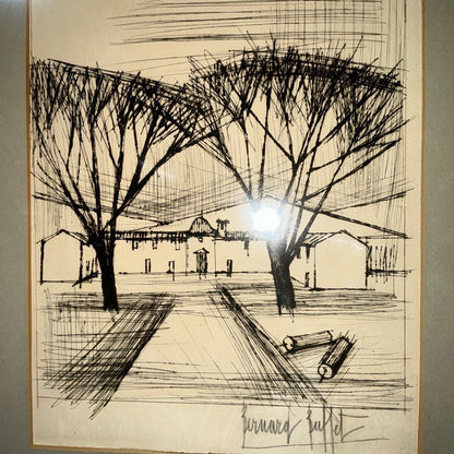 Bernard Buffet Original Etching "Landscape" Hand Signed, Framed, Mitsukoshi