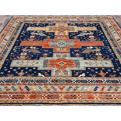 8'X7'10" Blue Armenian Inspired Caucasian Design Square Oriental Rug