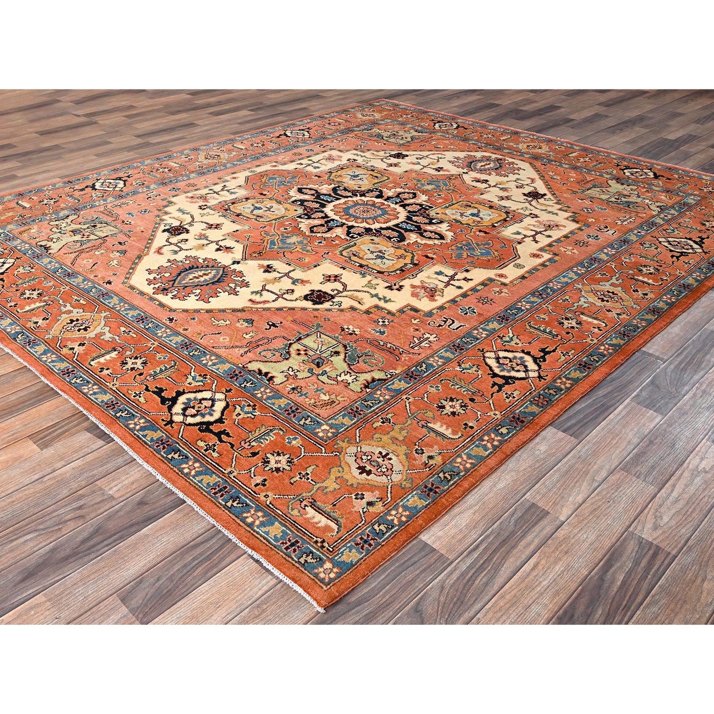 8'X9'7" Orange Afghan Peshawar Seeripe Heris Design Hand Knotted Wool Rug