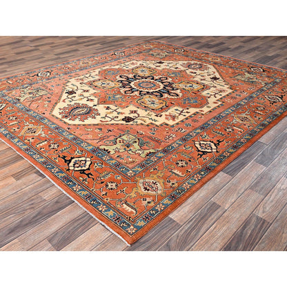 8'X9'7" Orange Afghan Peshawar Seeripe Heris Design Hand Knotted Wool Rug