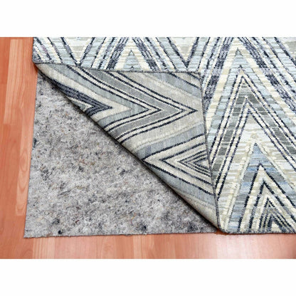 4'2"X12'4" Ivory Modern Textured Wool-Pure Silk Hand Knotted Runner Rug