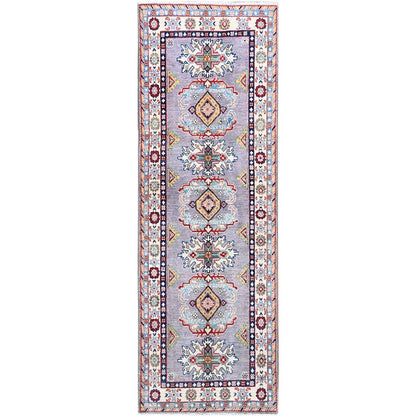 2'9"X7'10" Gray Kazak Tribal Medallions Hand Knotted Oriental Runner Rug