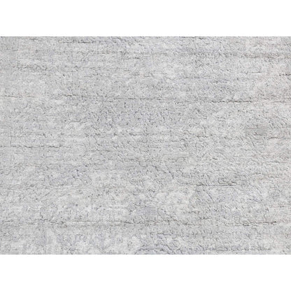 4'X9'8" Gray Erased Zoroastrian Design Runner Wool-Silk Hand Knotted Rug
