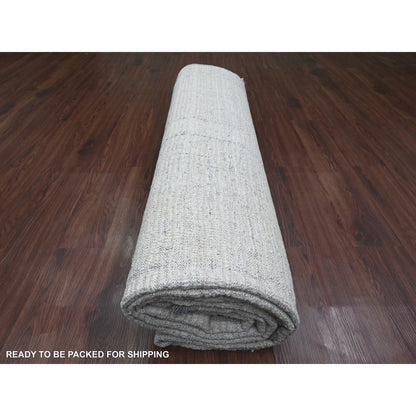 8'10"X12'2" White Moroccan Weave Line Design Hand Knotted Soft Wool Rug
