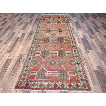 3'6"X10' Brown Old Geometric Hamadan Hand Knotted Cleaned Oriental Rug