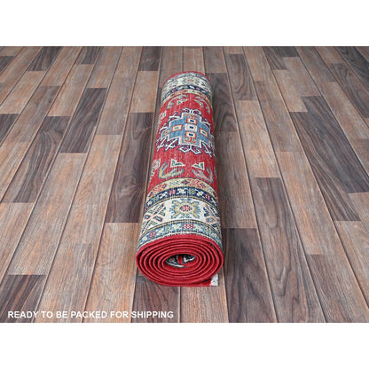 2'8"X8'2" Red Kazak With Medallions Design All Wool Hand Knotted Runner Rug