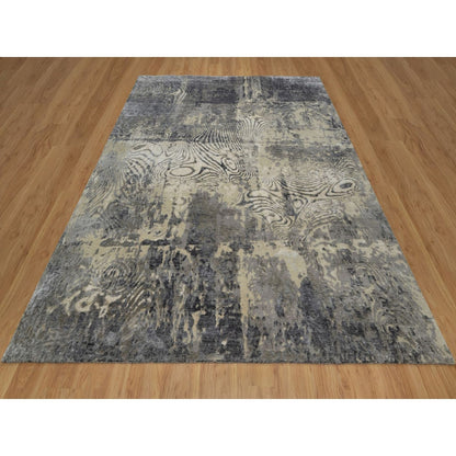 8'1"X10' Ivory With Gray Wool Rug Tree Bark And Fossil Design Hand Knotted