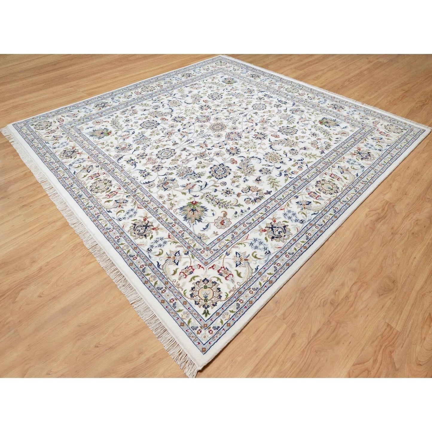 10'X10' White Wool And Silk Hand Knotted 250 Kpsi Nain Design Square Rug