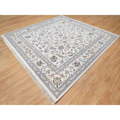10'X10' White Wool And Silk Hand Knotted 250 Kpsi Nain Design Square Rug