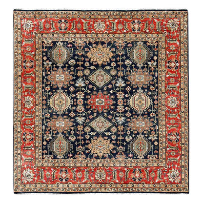 8'X8' Black Wool Karajeh Design Hand Knotted Square Oriental Rug