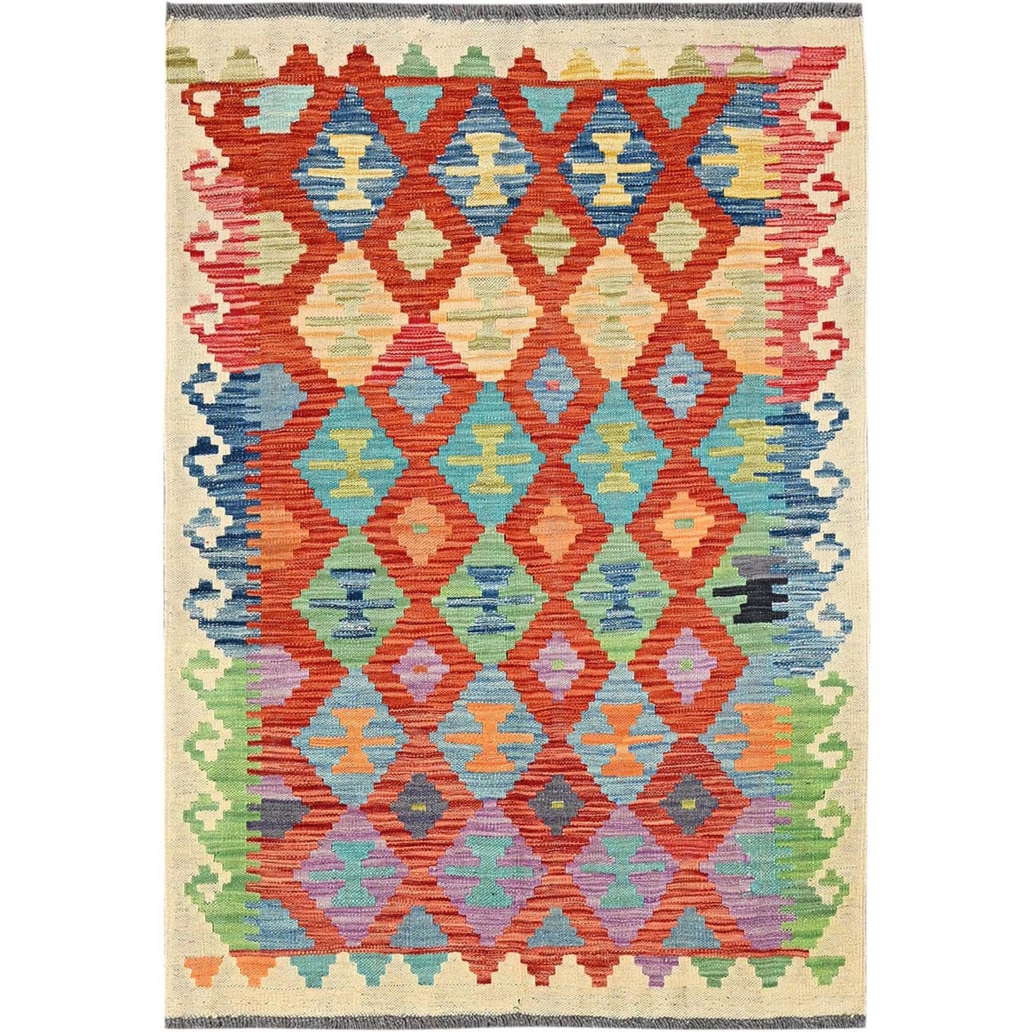 3'4"X4'9" Flame Orange Afghan Kilim Pure Wool Hand Woven Flat Weave Rug