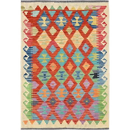 3'4"X4'9" Flame Orange Afghan Kilim Pure Wool Hand Woven Flat Weave Rug