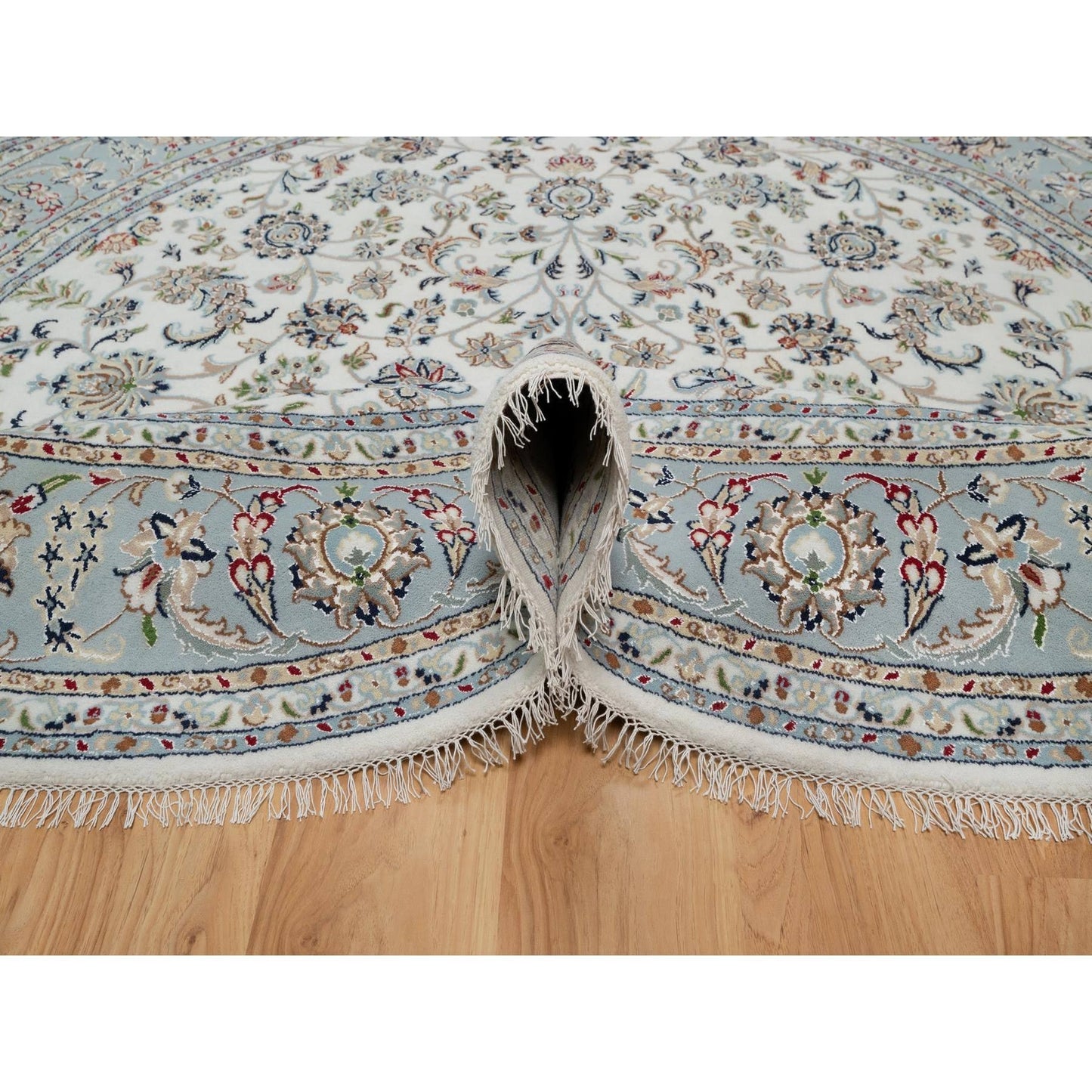 8'X8' Pearl White, 250 Kpsi, Nain, Wool And Silk, Hand Knotted, Round Rug