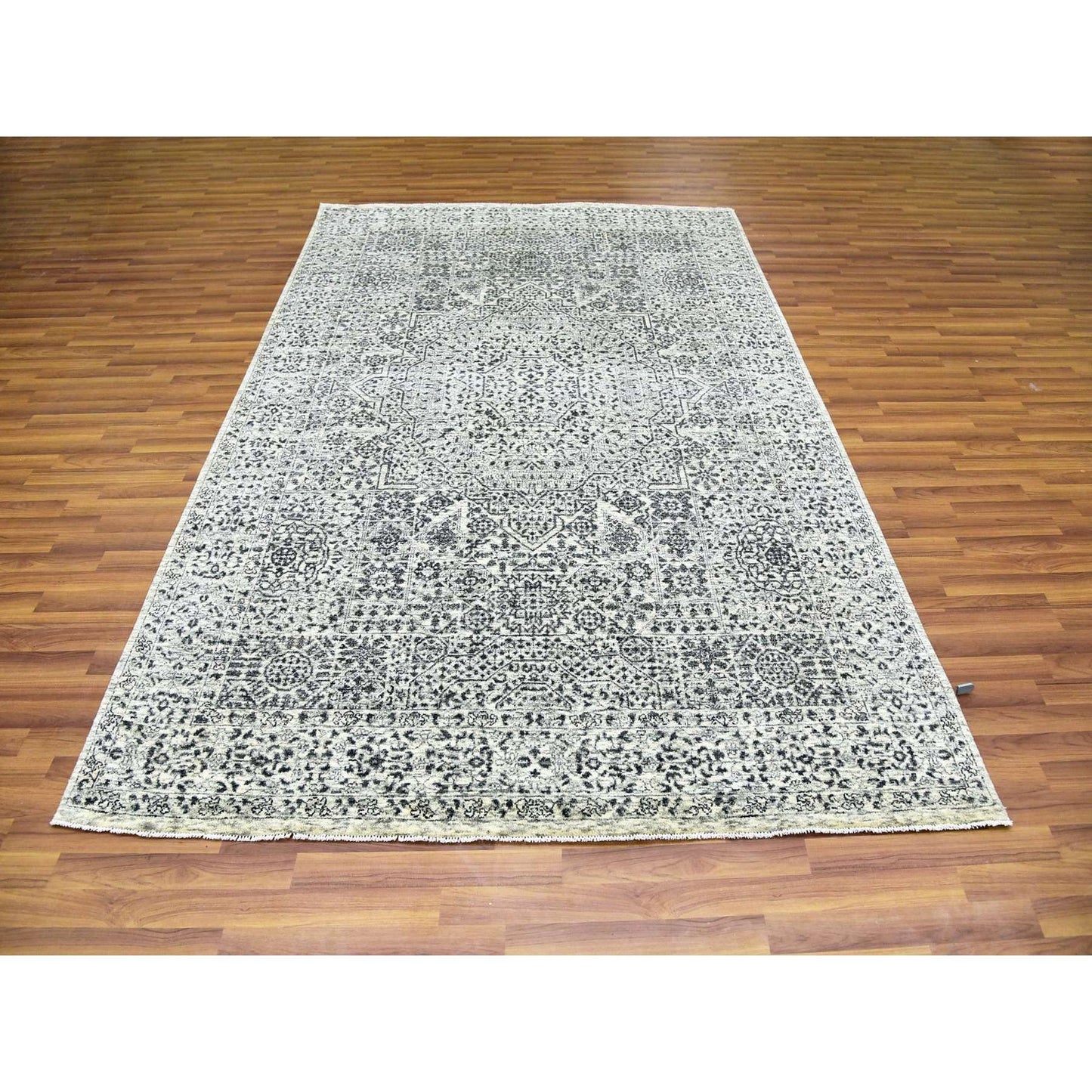 6'1"X9'3" White Hand Knotted Mamluk Dynasty Design Undyed 100% Wool Rug