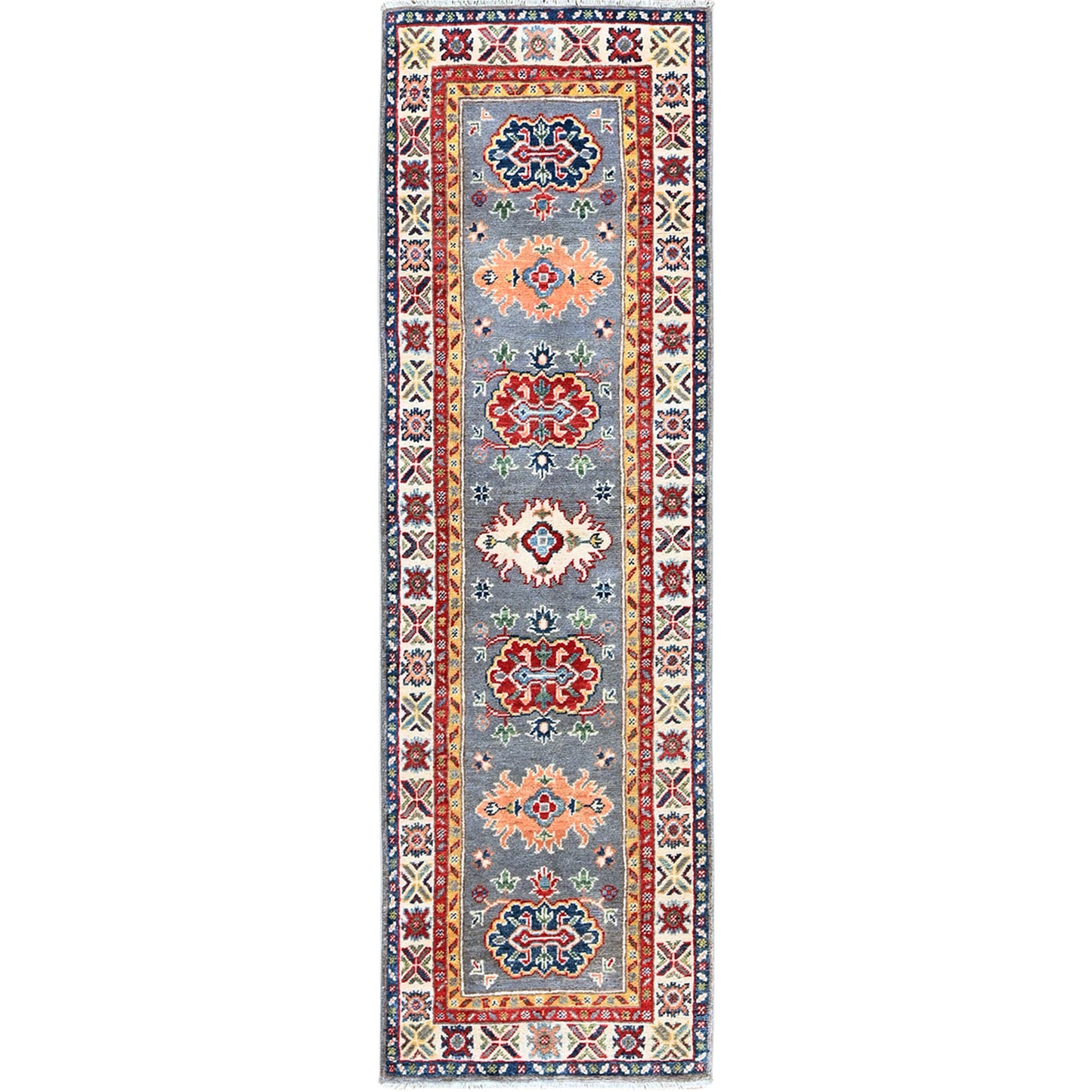 2'X6'6" Gray Kazak With Tribal Design Soft Wool Hand Knotted Runner Rug