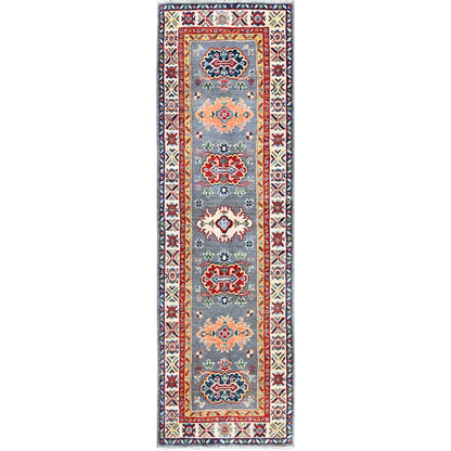 2'X6'6" Gray Kazak With Tribal Design Soft Wool Hand Knotted Runner Rug