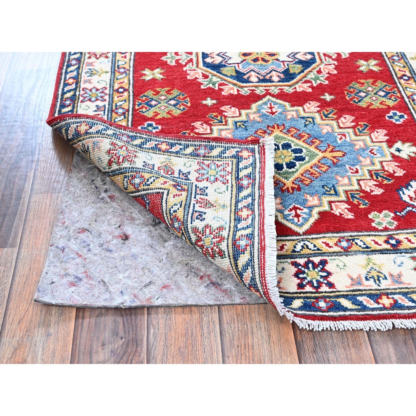 2'9"X6'6" Red Kazak With Geometric Design Soft Wool Hand Knotted Runner Rug
