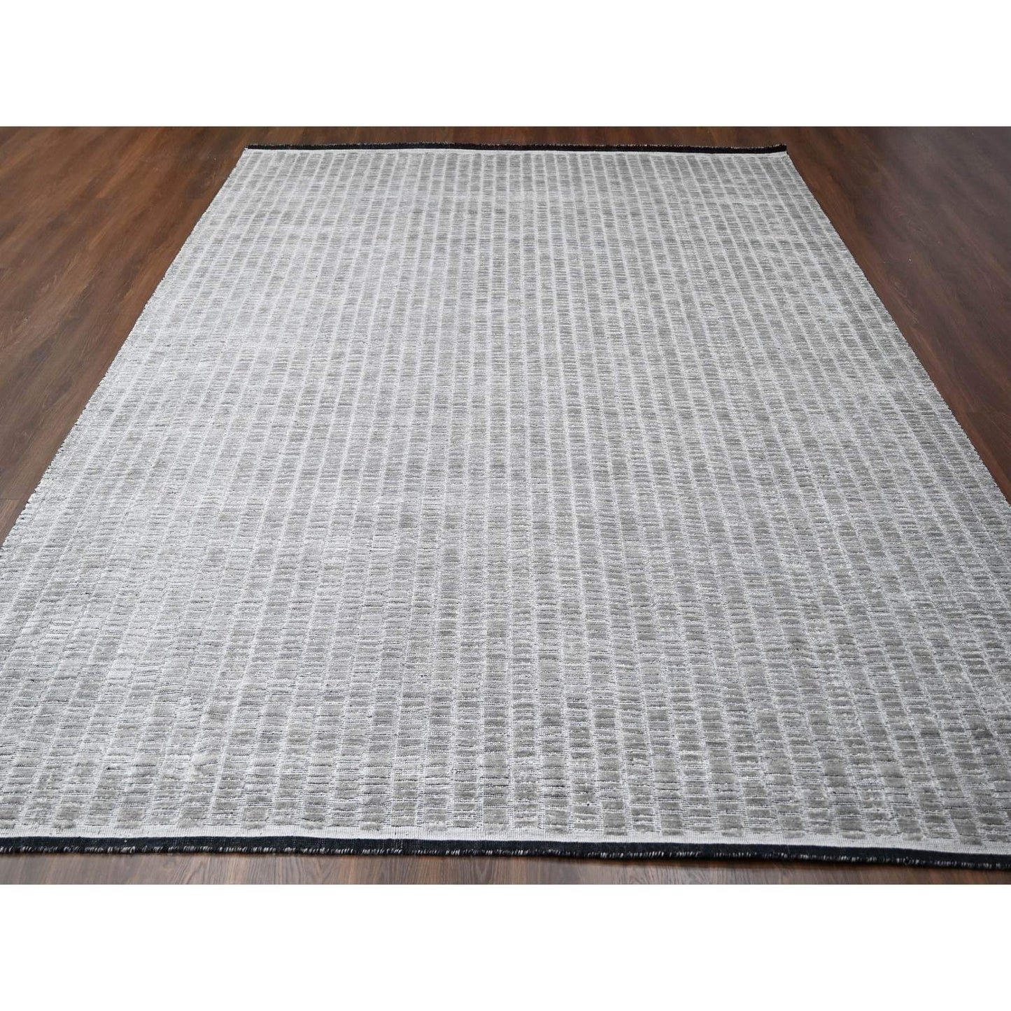 10'X14'4" Gray And Black Hand Loomed Modern Design Wool And Silk Rug