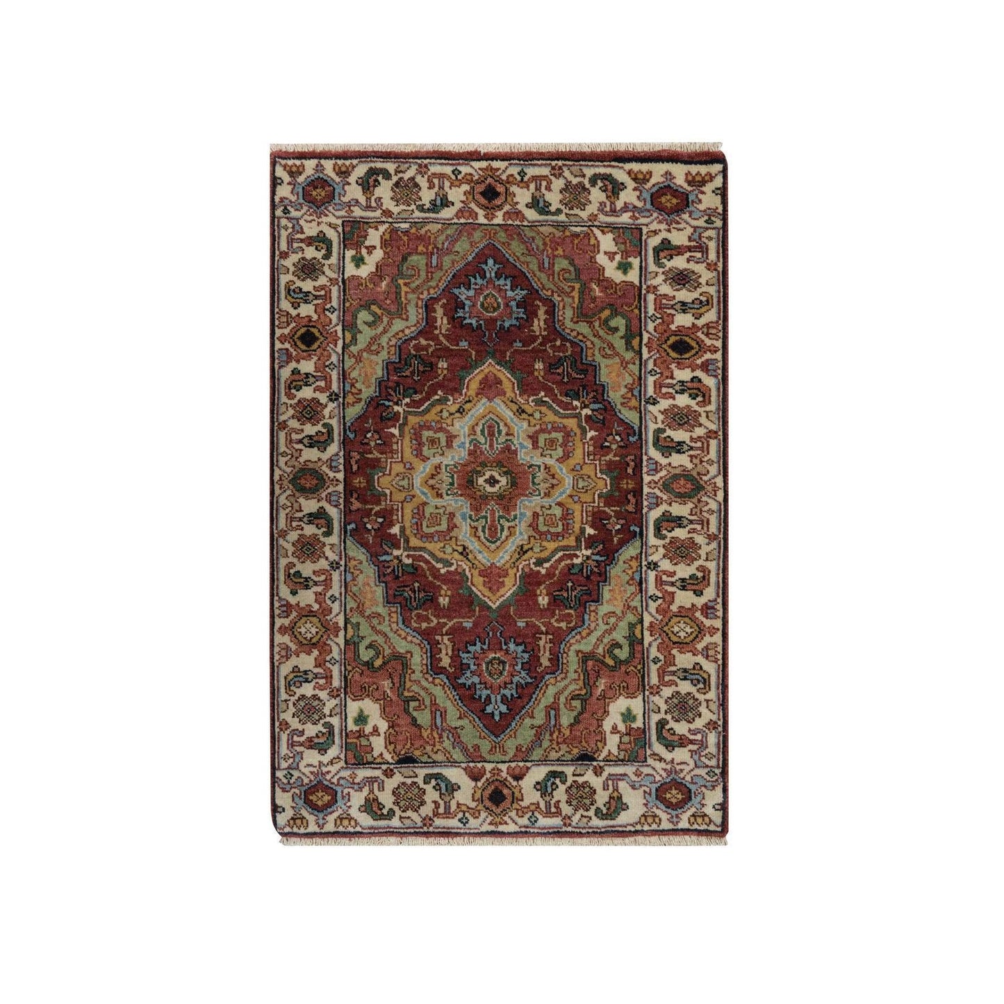 2'X3' Red Antiqued Fine Heris Hand Knotted New Zealand Wool Mat Small Rug