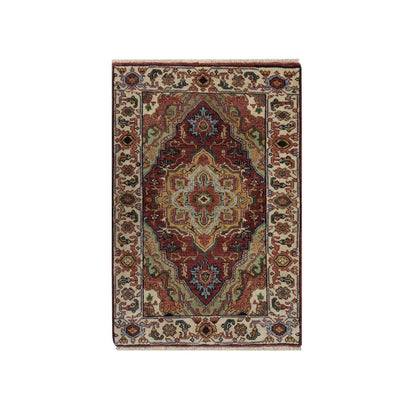 2'X3' Red Antiqued Fine Heris Hand Knotted New Zealand Wool Mat Small Rug