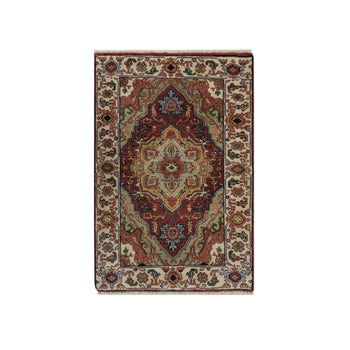 2'X3' Red Antiqued Fine Heris Hand Knotted New Zealand Wool Mat Small Rug
