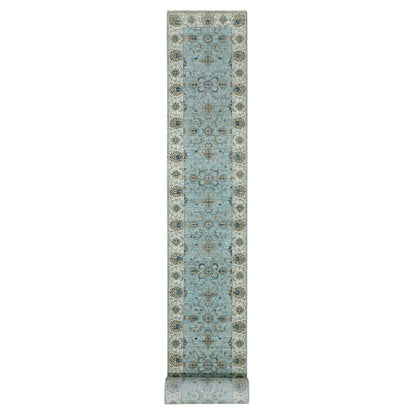 2'6"X25'8" Cerulean Blue Pure Wool Hand Knotted Shah Abbas Xl Runner Rug
