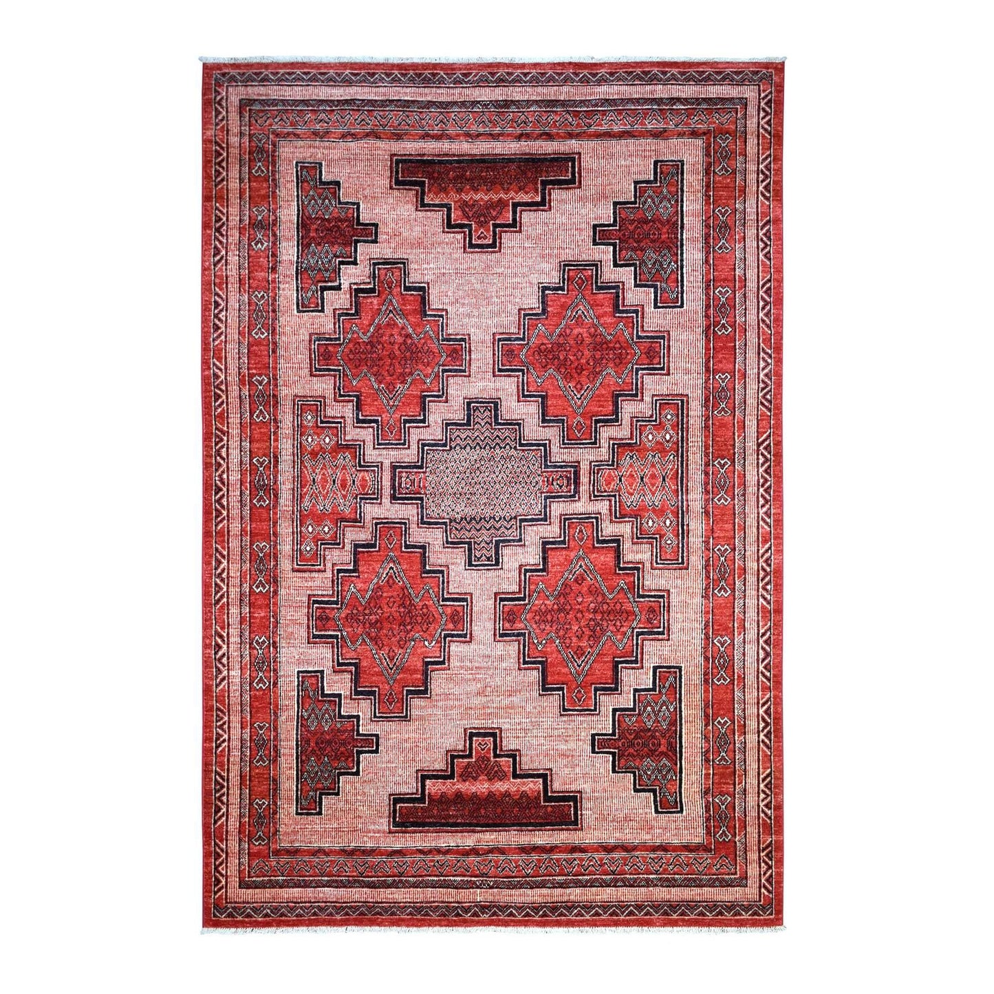5'10"X8'10" Red Peshawar Berber Motifs Pop Of Color Wool Hand Knotted Rug