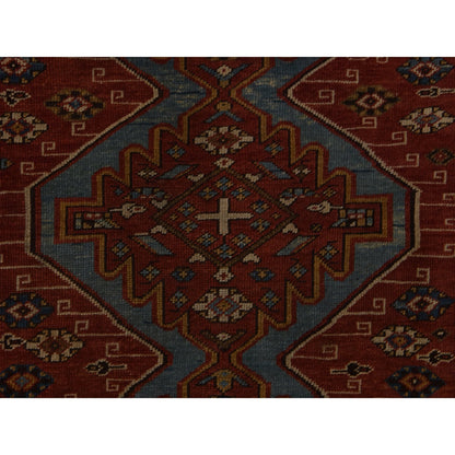 3'10"X5'7" Crimson Red Antique Caucasian Kazak 100% Wool Hand Knotted Rug