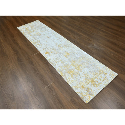 2'6"X9'9" Beige Abstract Design Wool And Silk Hand Knotted Runner Rug